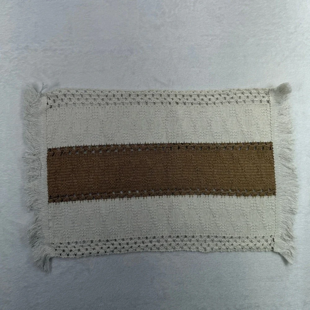 Boho Set of 6 Woven Placemats Crochet Fringe Farmhouse Cream Tan Neutral Beige